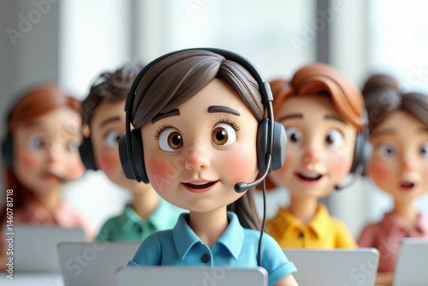 Obraz Cartoon customer service representatives at workstations.