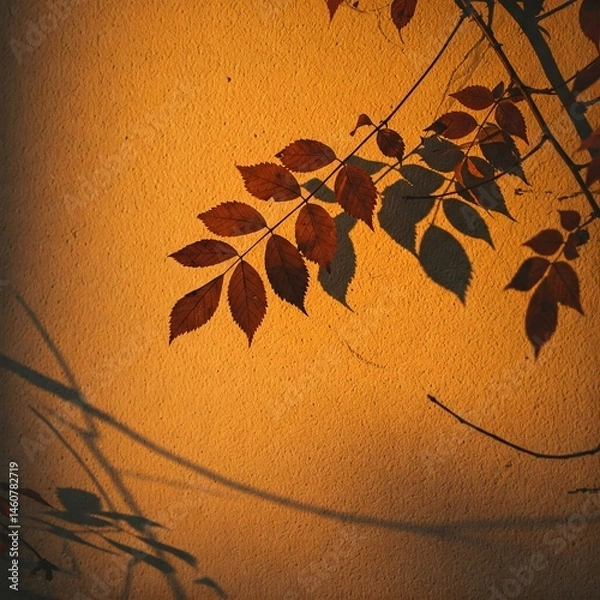Obraz Autumn leaf and twig shadows on a textured wall, golden hour sunlight, cozy and nostalgic atmosphere, cinematic aesthetic