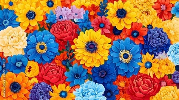 Obraz A vibrant field of colorful flowers blooms together in stunning detail, with yellows, blues, reds, and oranges creating a gorgeous floral background design.