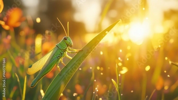 Obraz Golden Hour Grasshopper: A Stunning Sunrise Macro