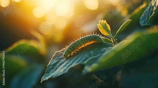 Obraz Golden Hour Caterpillar: A Tiny Crawler on a Leaf