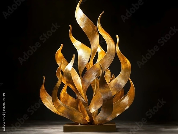 Fototapeta golden flame sculpture, abstract art, metallic texture, warm light, dark background