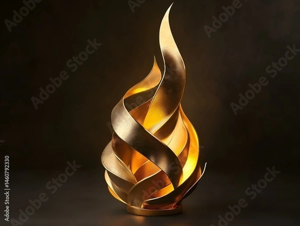 Fototapeta golden flame sculpture, abstract art, metallic texture, warm light, dark background