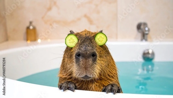 Fototapeta Capybara in Relaxing Bath with Cucumber Slices