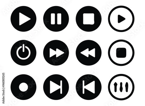 Fototapeta Big  Media player flat icons set. Collection of multimedia symbols. Audio, volume, interface, design media player buttons. Play, pause, stop, record, forward, rewind more icon. Vector Illustration eps
