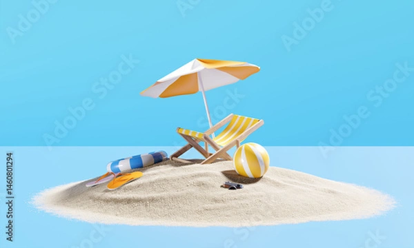 Obraz Conceptual summer vacation scene. Tiny sandy island with a beach umbrella, deck chair, and colorful elements.. 3d rendering