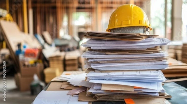 Fototapeta Organized pile of construction permits, approval documents, and building plans on a desktop