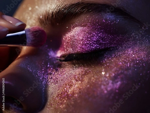 Fototapeta close up of a woman applying shimmery eyeshadow with a brush detailed makeup application