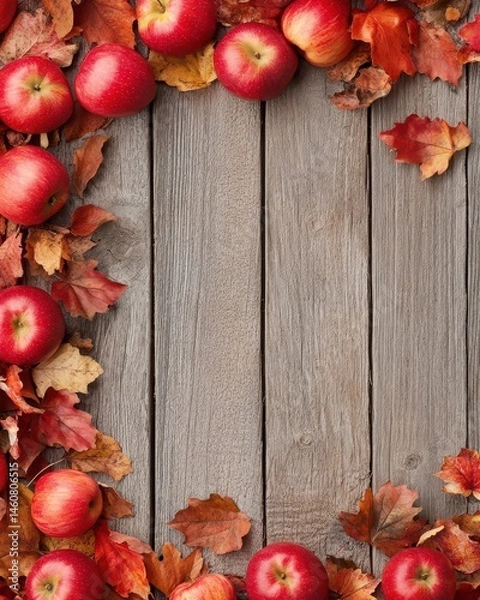 Fototapeta Autumn apples and leaves border on wooden background overhead flat lay for fall season harvest or thanksgiving