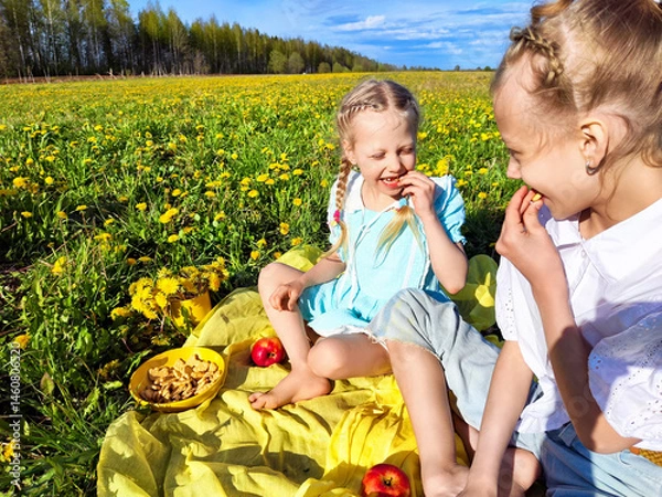 Fototapeta Two children enjoy a sunny picnic in a vibrant dandelion field while sharing apples and snacks in the countryside