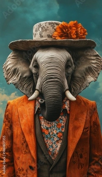 Fototapeta Elephant in Suit and Hat with Floral Decoration in Artistic Style