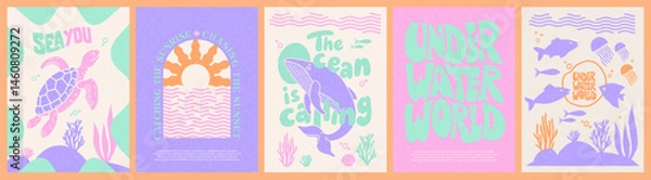 Obraz Abstract summer poster, card set with hand drawn underwater world lettering, sea turtle, whale, sunrise and sunset, various fish, algae and shells. Trendy summer design for branding, ads, print, decor