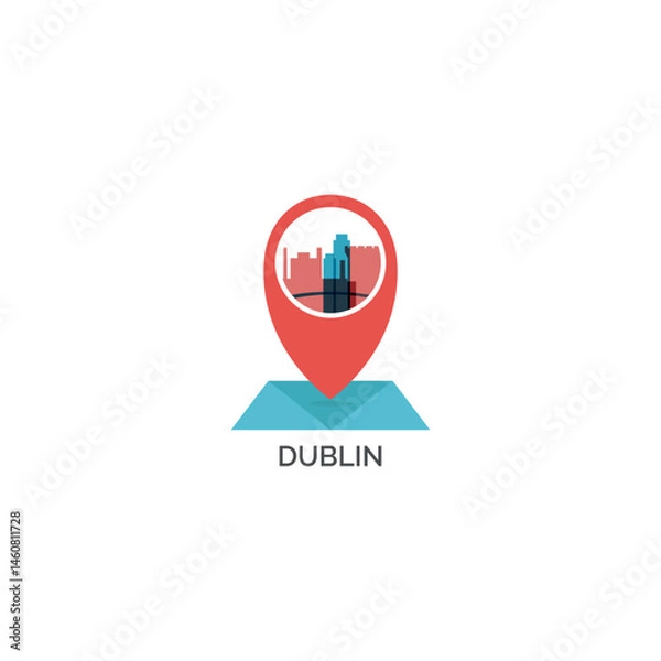 Fototapeta Dublin, Ireland map pin point, geolocation, skyline shape vector logo, icon, isolated illustration. Web emblem concept with landmarks and building silhouettes