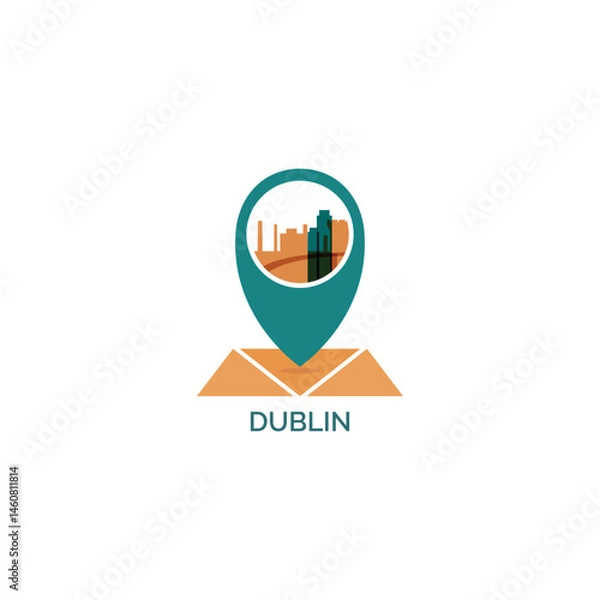 Fototapeta Dublin, Ireland map pin point, geolocation, skyline shape vector logo, icon, isolated illustration. Web emblem concept with landmarks and building silhouettes