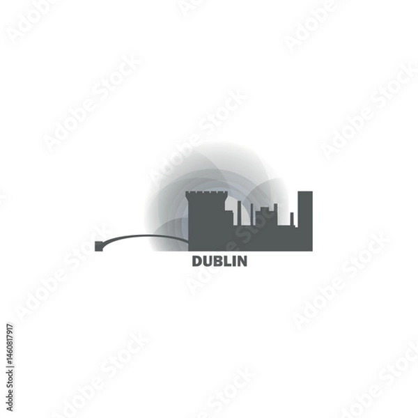 Fototapeta Ireland, Dublin cityscape skyline, panoramic vector flat logo, icon. Leinster province city emblem concept with landmarks and building silhouettes at sunset, sunrise