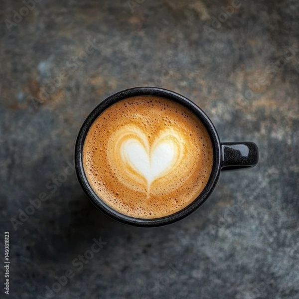 Fototapeta Latte art heart in black mug on stone table top view coffee break caffeine drink beverage