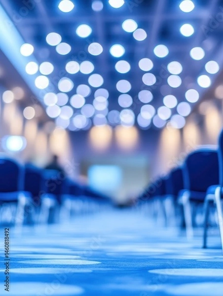 Fototapeta Empty conference hall in blue tone low angle view showing rows of chairs and blurred stage with bokeh lights for business event