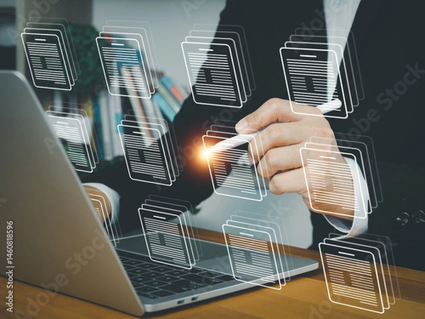 Fototapeta Businessman digital document management on laptop with holographic interface. Sorting or managing files. Organizing digital organization data storage documents in online database.