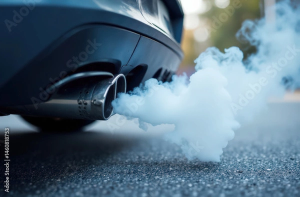 Fototapeta Car exhaust emissions from tailpipe on asphalt road