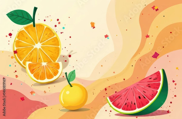 Fototapeta Colorful citrus and watermelon illustration with vibrant abstract background