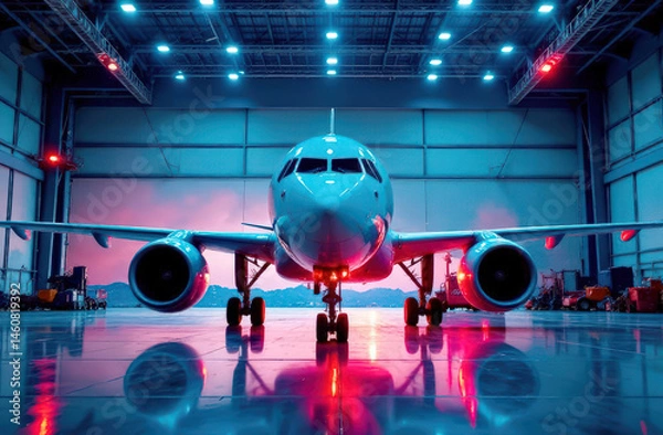 Fototapeta Modern airplane in illuminated hangar during twilight with reflective floor