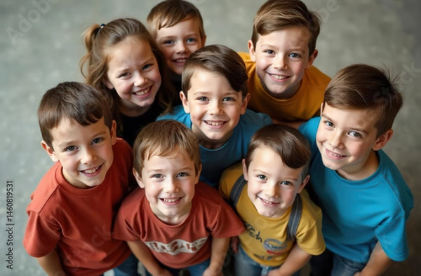 Fototapeta Group of joyful caucasian children smiling upwards in casual clothing