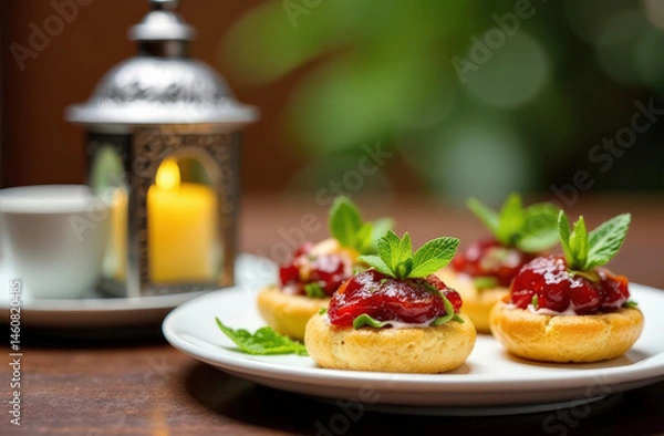 Fototapeta Gourmet pastries with berry topping and mint near candlelit lantern