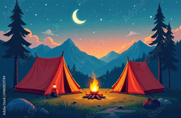 Fototapeta Tranquil mountain camping scene with tents under moonlit sky