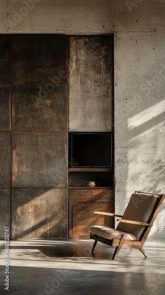 Fototapeta Minimalist interior with wooden chair and rustic wall in modern apartment setting with natural light and shadow play