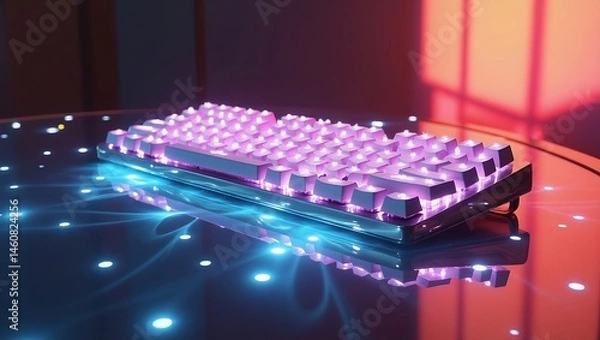 Fototapeta Holographic keyboard on glass table, morning light reflections
