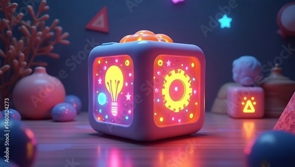 Fototapeta Interactive learning cube for kids, glowing symbols