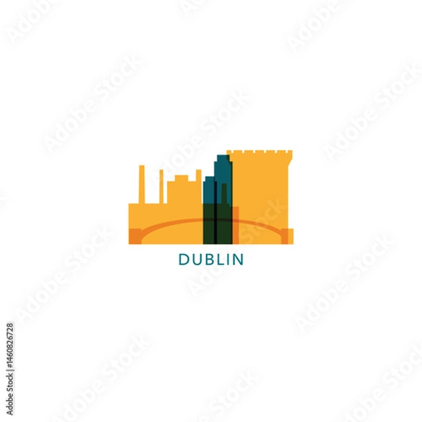 Fototapeta Ireland, Dublin cityscape, skyline, panoramic vector flat logo, icon. Leinster province city emblem with landmarks and building silhouettes