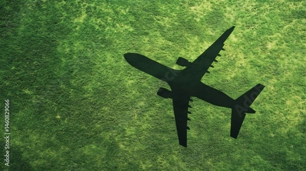 Fototapeta Airplane shadow on green grass aerial view concept of travel and environmental impact of air transport top down perspective