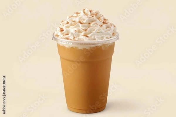 Fototapeta Delicious pumpkin spice latte in plastic cup topped with whipped cream and cinnamon powder on beige background studio shot