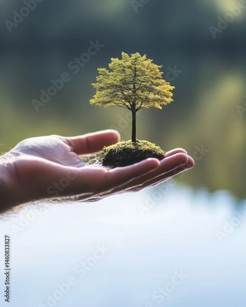 Fototapeta Hand holding small tree with moss, environmental concept, close-up shot, nature background, conservation idea, sustainable future, earth day