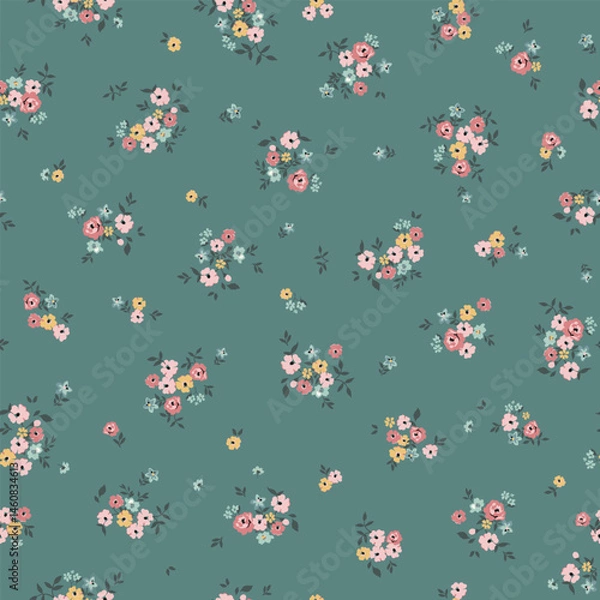 Fototapeta Seamless floral pattern for textile print and fabric, colorful vintage flowers on green background