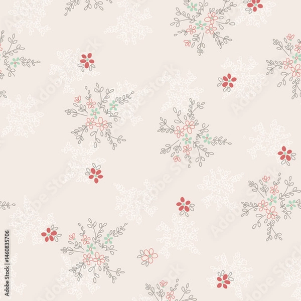 Fototapeta Whimsical Snowflake and Floral Winter Seamless Pattern for fashionable dress and textile print design on light charcoal background