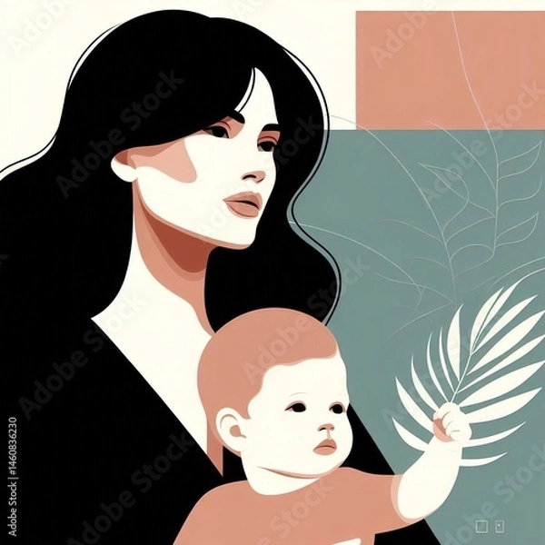 Obraz A minimalist and stylish digital illustration of a mother and child