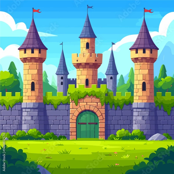 Fototapeta Cartoon castle with towers and flags against a bright blue sky backdrop artwork for kids and storybook illustrations
