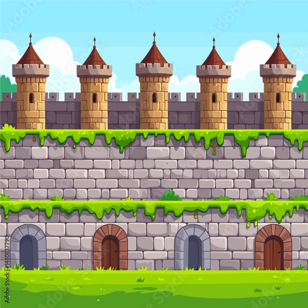 Fototapeta Cartoon castle wall with towers and stone facade for game backgrounds and fairytale illustrations