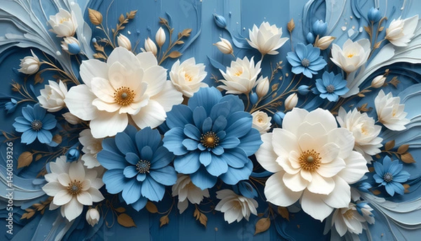 Obraz 3D Paper Flower Background with Cream and Blue Floral Decoration on Blue Backdrop
