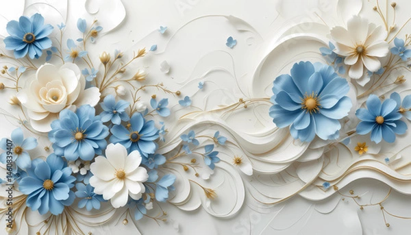 Obraz 3D Paper Flower Background with Cream and Blue Floral Decoration on Blue Backdrop
