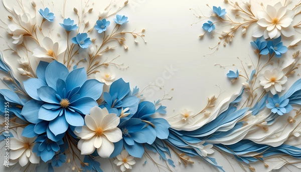 Obraz 3D Paper Flower Background with Cream and Blue Floral Decoration on Blue Backdrop
