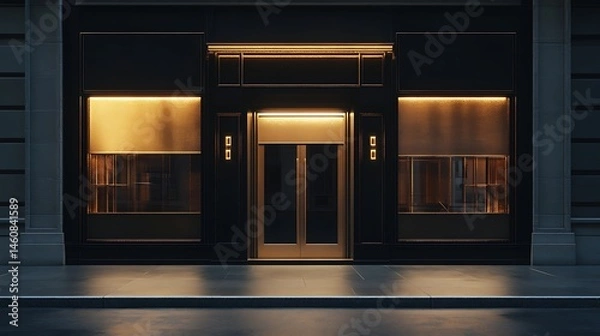 Obraz Elegant storefront facade at night, illuminated by warm lights.
