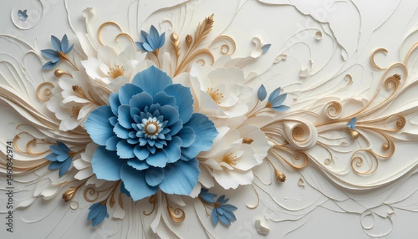 Obraz 3D Paper Flower Background with Cream and Blue Floral Decoration on Blue Backdrop
