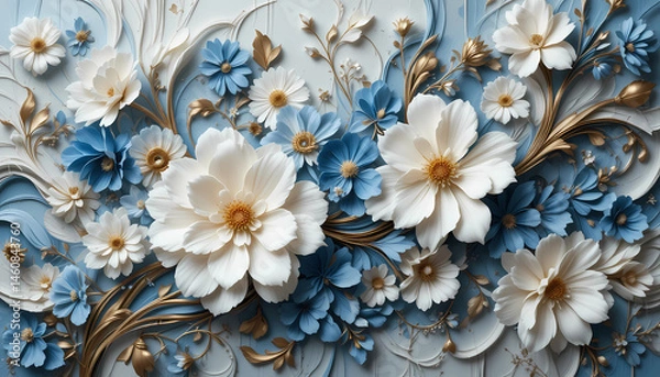 Obraz 3D Paper Flower Background with Cream and Blue Floral Decoration on Blue Backdrop
