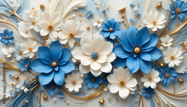 Obraz 3D Paper Flower Background with Cream and Blue Floral Decoration on Blue Backdrop
