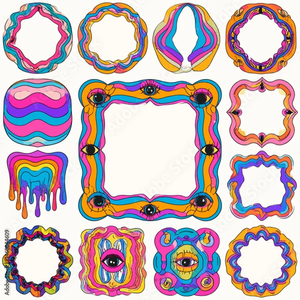 Fototapeta Psychedelic art frames collection with vibrant colors and surreal shapes for creative design projects and unique visual appeal