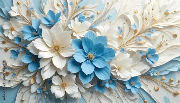 Obraz 3D Paper Flower Background with Cream and Blue Floral Decoration on Blue Backdrop
