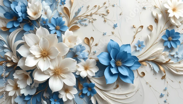 Obraz 3D Paper Flower Background with Cream and Blue Floral Decoration on Blue Backdrop
